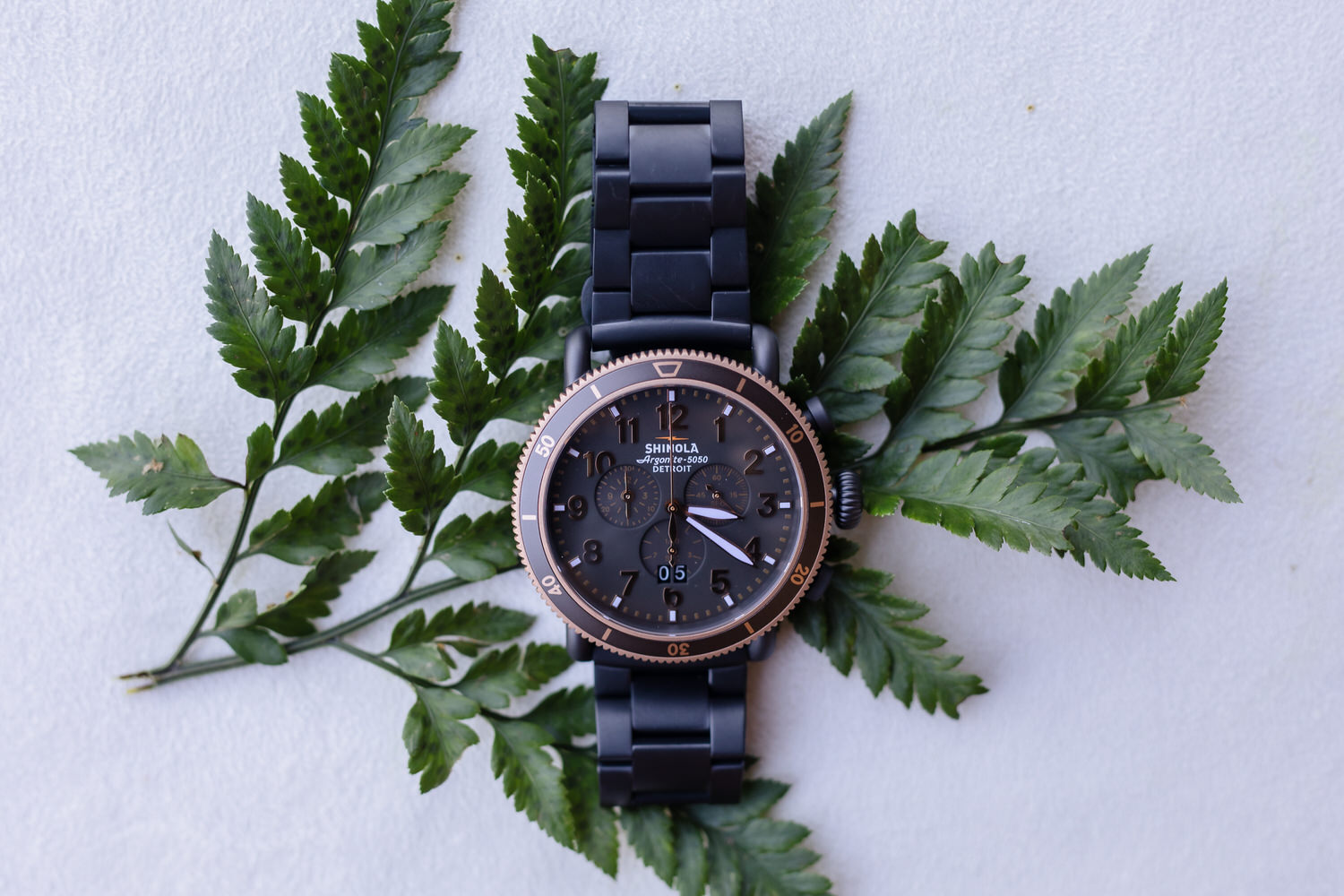 Detail shot of a black wood-grain wedding watch resting on a bed of green ferns for a textured aesthetic.