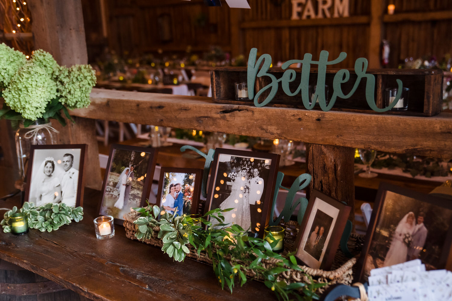 Detail of a memorial table or photo display in the reception barn.