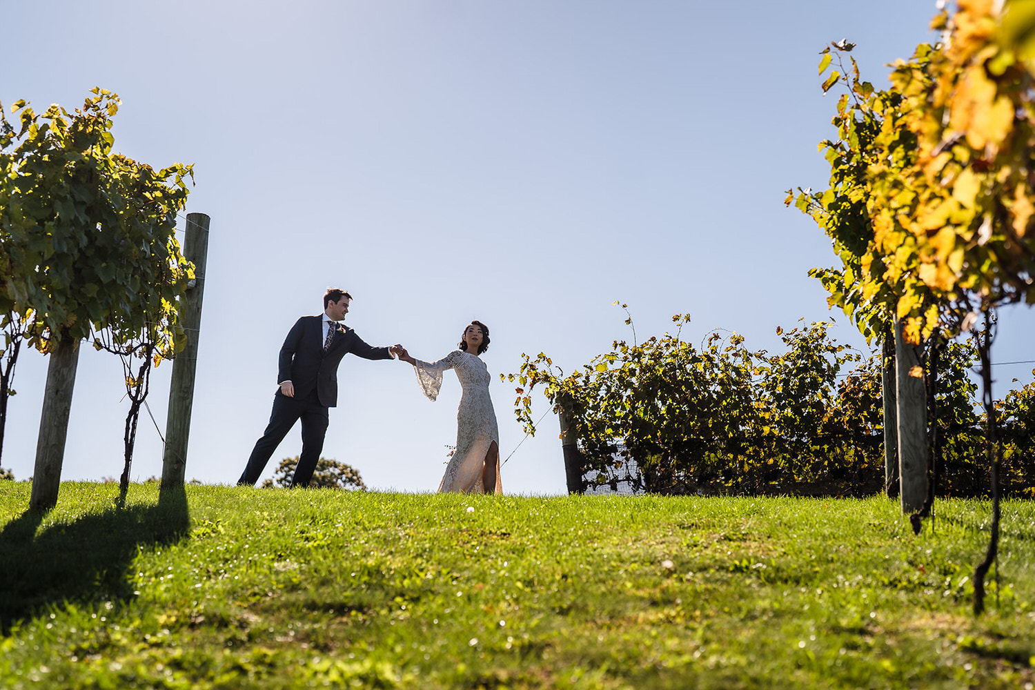 Newlyweds holding hands while walking through the rolling vineyard at Folino Estate in Kutztown, Berks County.