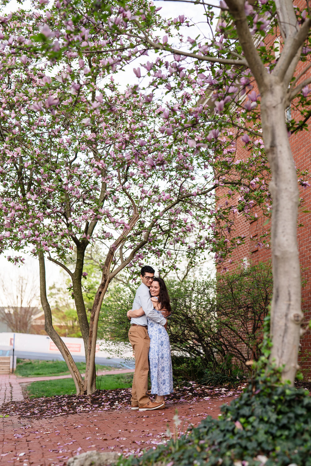 Couple kisses framed through pink magnolia blossoms in the foreground
