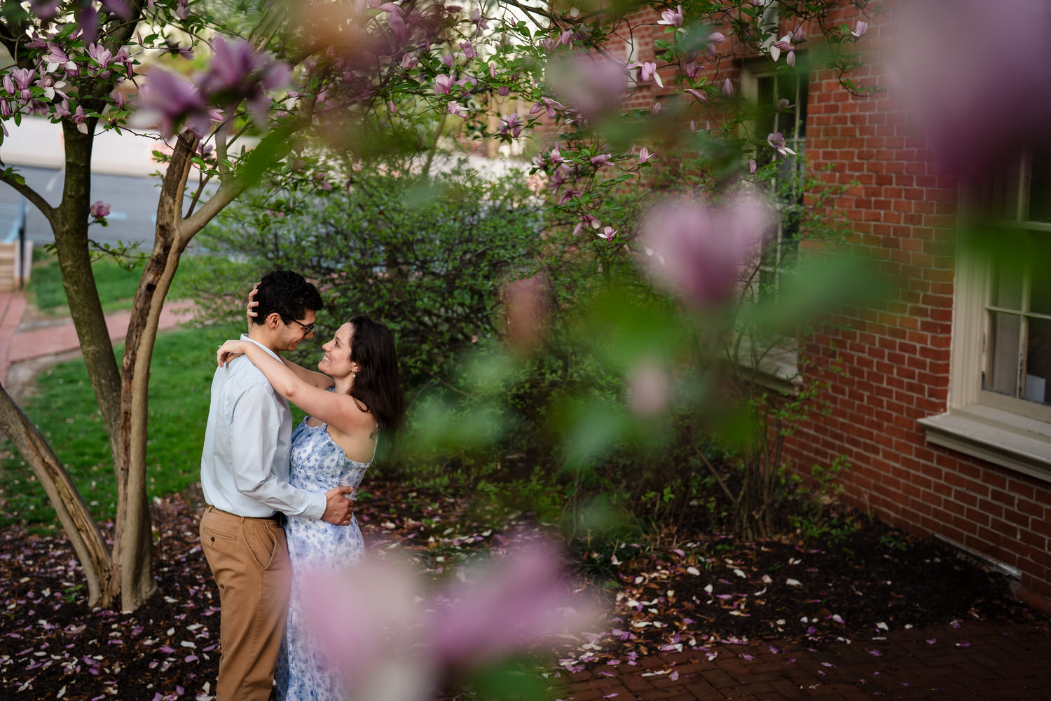 Couple embraces beside a blooming pink magnolia tree, Moravian University, Bethlehem PA

