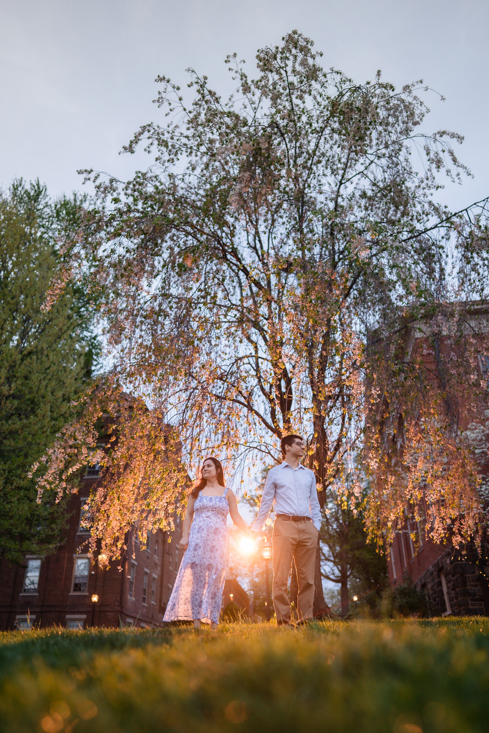 Engaged couple at golden hour near God's Acre, Moravian University, Bethlehem PA
