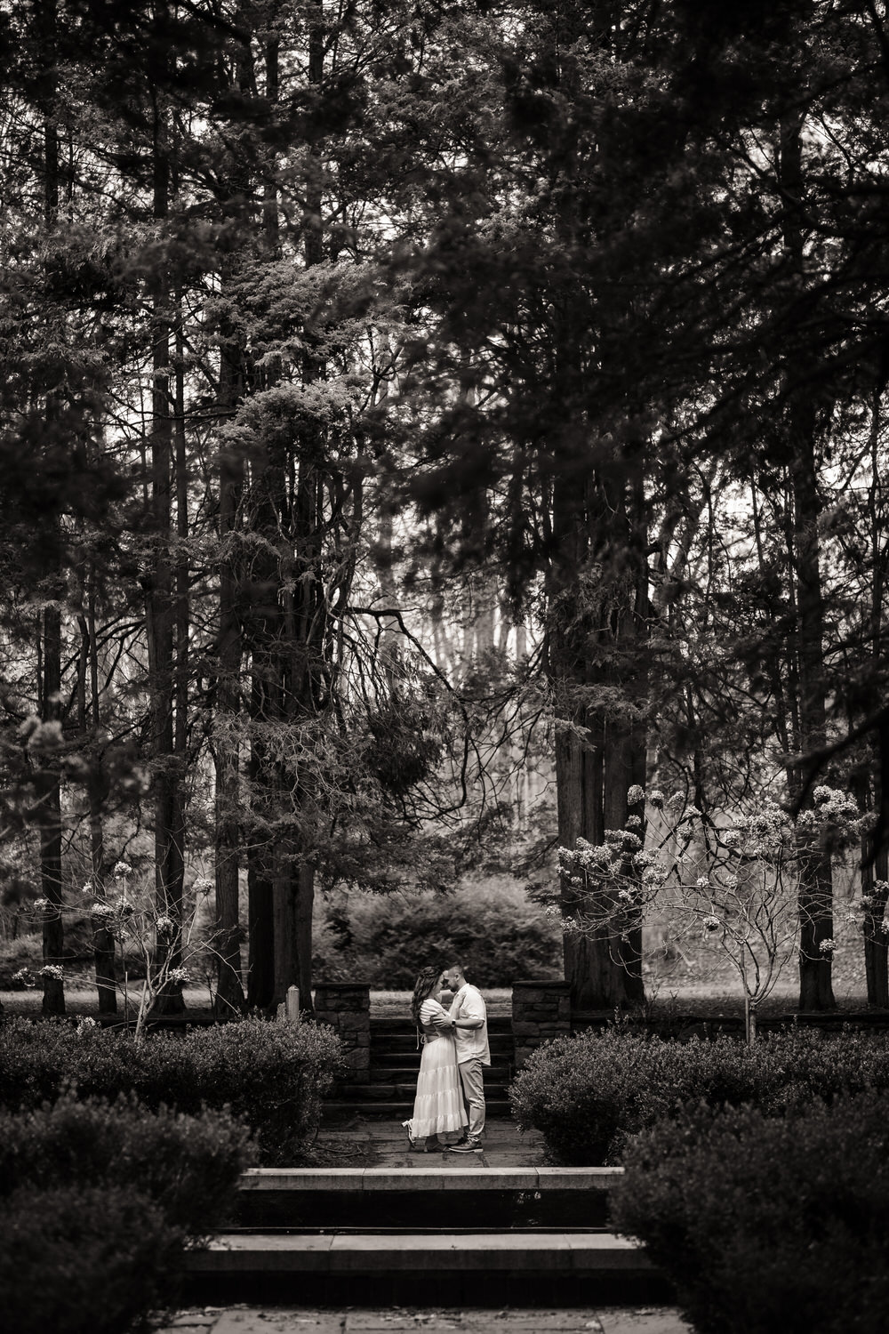 Black and white photo of couple near fountain in wooded garden setting