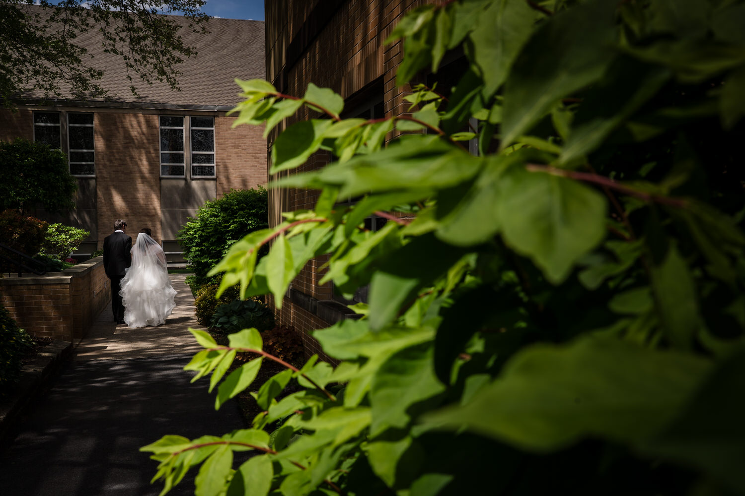 Bride and groom partially hidden by spring greenery during outdoor portraits