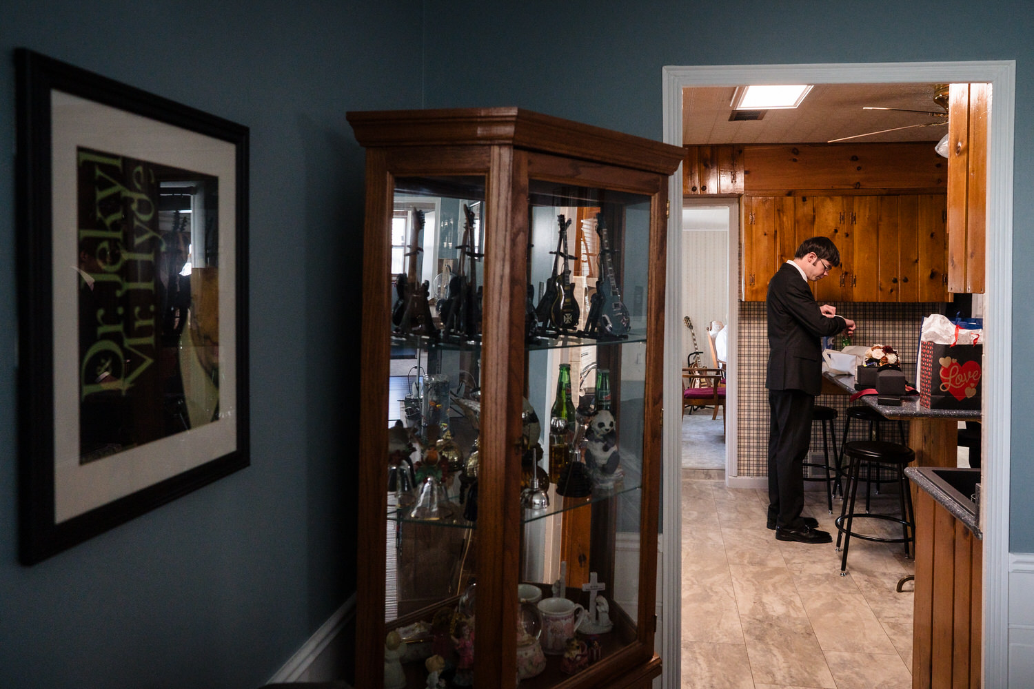 Bride and groom wedding morning moment inside family home
