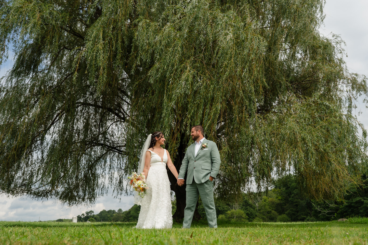 A bride and groom stand hand in hand, smiling at each other, in front of a large willow tree on a grassy field under a partly cloudy sky.