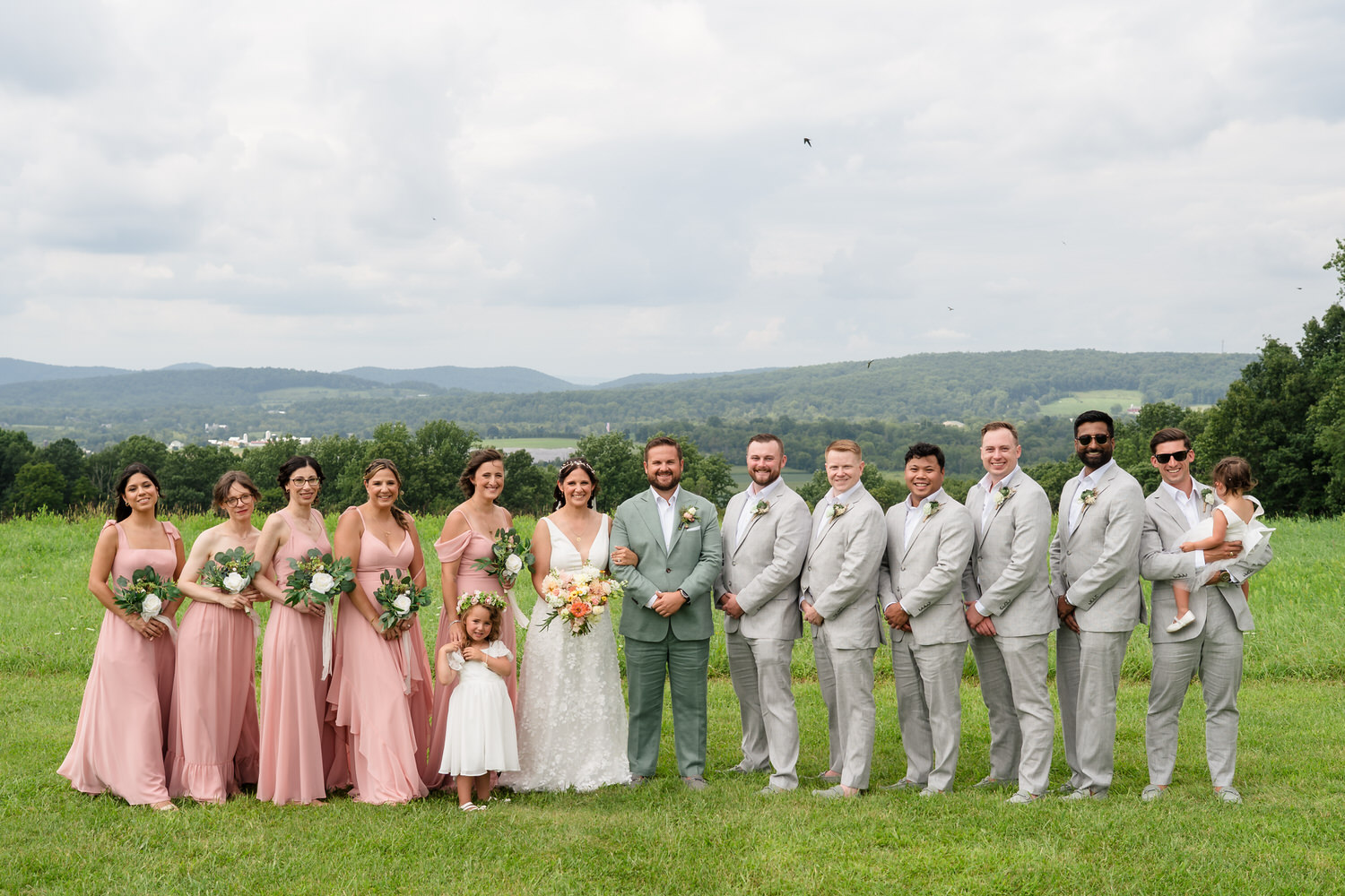 A wedding party poses outdoors, with bridesmaids in blush dresses and groomsmen in gray suits, flanking the bride and groom. A flower girl and ring bearer are included. Green hills and a cloudy sky are in the background.