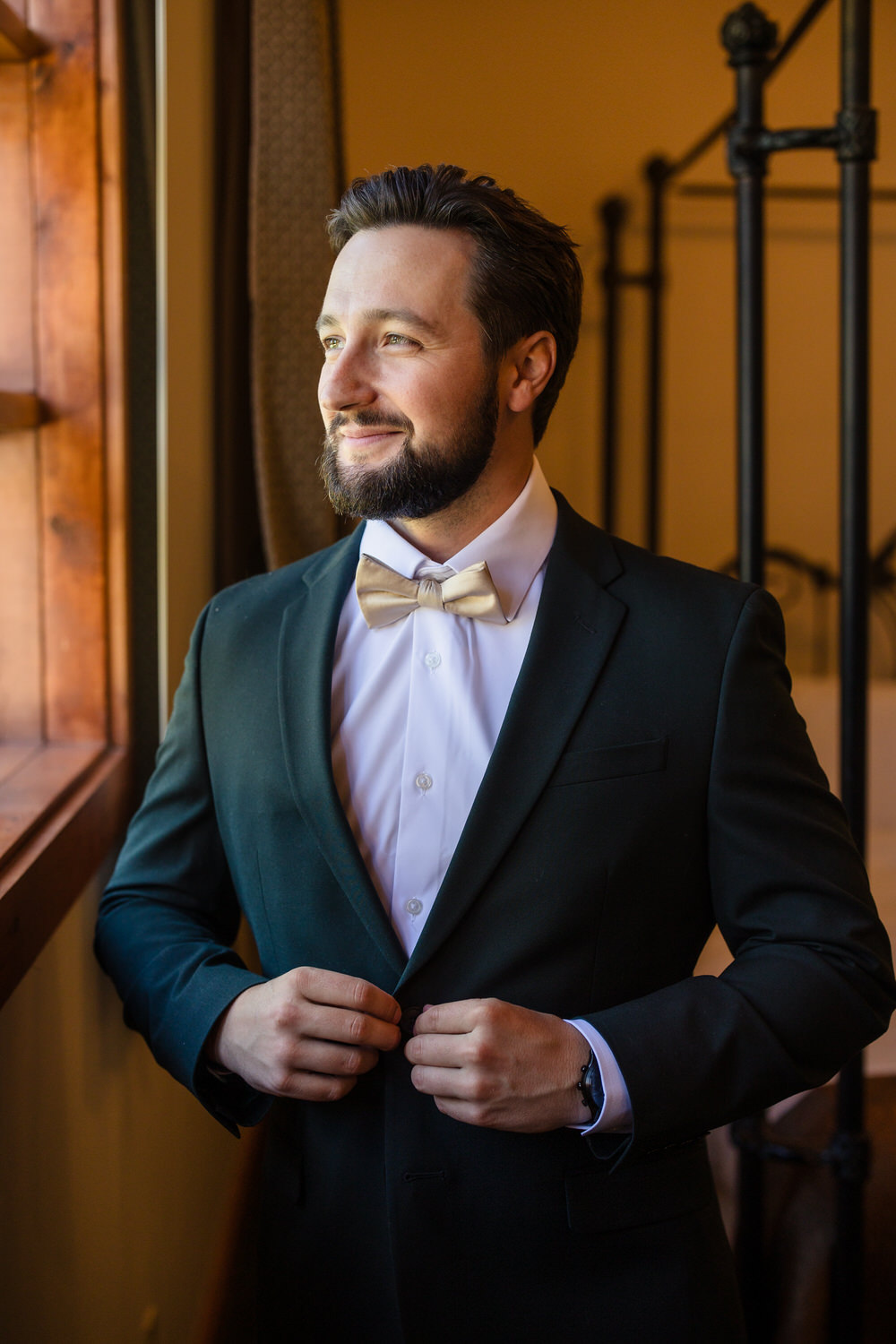 A bearded man in a dark suit and gold bowtie looks out a window.
